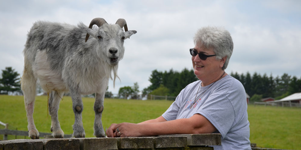 Visitor smiles at goat resident